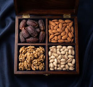 A 4-compartment handcrafted dark mahogany wooden box filled with jumbo Medjool dates, Mamra almonds, akhrot walnuts and roasted pistachios, overhead studio presentation on silk fabric