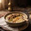 A bowl of creamy organic barley Talbina porridge garnished with chopped dates, pistachios, and saffron threads with a ceramic pot of milk nearby, wholesome traditional Arabian breakfast.