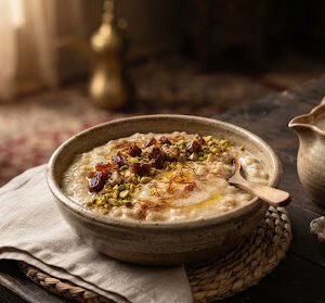 A bowl of creamy organic barley Talbina porridge garnished with chopped dates, pistachios, and saffron threads with a ceramic pot of milk nearby, wholesome traditional Arabian breakfast.