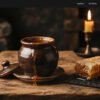 Artisanal clay crock pot of golden mountain Kashmiri Sidr honey beside raw honeycomb and wooden honey dripper in warm atmospheric candlelight