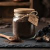 Artisanal glass jar containing finely ground pure Ajwa seed powder paired with a wooden spoon and whole Ajwa dates on a dark slate surface, herbal medicine and Sunnah health nutrition theme.