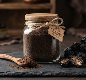 Artisanal glass jar containing finely ground pure Ajwa seed powder paired with a wooden spoon and whole Ajwa dates on a dark slate surface, herbal medicine and Sunnah health nutrition theme.