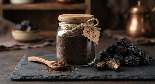 Artisanal glass jar containing finely ground pure Ajwa seed powder paired with a wooden spoon and whole Ajwa dates on a dark slate surface, herbal medicine and Sunnah health nutrition theme.