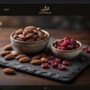Assorted mamra badam and dried cranberries on stone tray