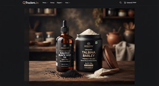 Cold pressed Kalonji Black Seed oil amber glass bottle next to freshly milled organic Talbina barley canister.