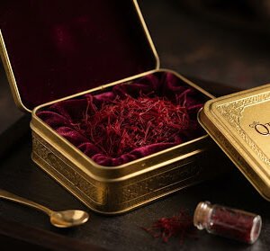 Crimson threads of Kashmiri Mongra Saffron arranged in a luxury gold tin box with royal velvet lining