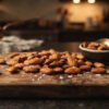 Crispy golden slow roasted California whole almonds lightly sea salted on a wooden cutting board with warm gourmet kitchen lighting.