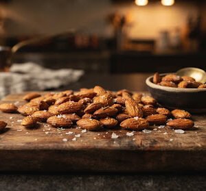 Crispy golden slow roasted California whole almonds lightly sea salted on a wooden cutting board with warm gourmet kitchen lighting.