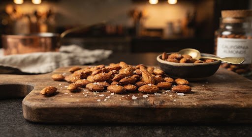Crispy golden slow roasted California whole almonds lightly sea salted on a wooden cutting board with warm gourmet kitchen lighting.