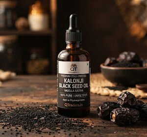 Dark amber bottle of cold-pressed Kalonji black seed oil with scattered nigella sativa seeds and whole dry dates in the foreground, medicinal aesthetic with warm lighting.