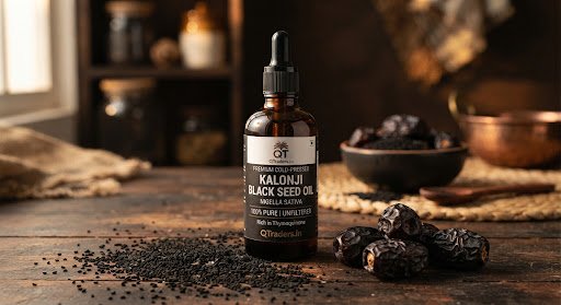 Dark amber bottle of cold-pressed Kalonji black seed oil with scattered nigella sativa seeds and whole dry dates in the foreground, medicinal aesthetic with warm lighting.