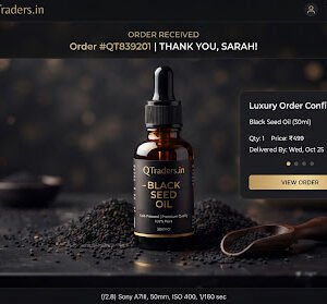 Dark amber glass medicine bottle with dropper containing pure cold-pressed black seed kalonji oil surrounded by scattered nigella sativa seeds