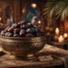 Dark lustrous VIP Madinah Ajwa dates displayed in an ornate brass and wood carved bowl with date palms and soft candlelit heritage Arabian banquet backdrop.