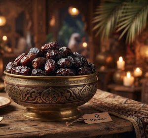 Dark lustrous VIP Madinah Ajwa dates displayed in an ornate brass and wood carved bowl with date palms and soft candlelit heritage Arabian banquet backdrop.