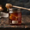 Deep amber wild honey jar with authentic honeycomb chunk inside, honey drizzler resting across top on rustic dark wood