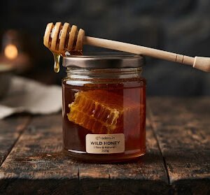 Deep amber wild honey jar with authentic honeycomb chunk inside, honey drizzler resting across top on rustic dark wood