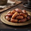 Extra colossal golden-brown Jordan Medjool dates resting on an authentic brass platter with soft studio warm sidelight.