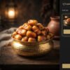 Golden caramel organic Sukkari Rutab dates piled high in a polished Arabian brass container with glowing backlighting.