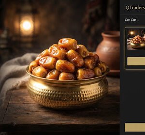 Golden caramel organic Sukkari Rutab dates piled high in a polished Arabian brass container with glowing backlighting.