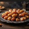 Golden crisp Sukkari dates from Al-Qassim displayed on a fine filigree silver platter, luscious golden amber skin with natural caramelized crystals, crisp luxury food photography.