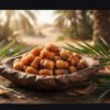 Golden crisp Sukkari Rutab dates in hand carved traditional wooden plate surrounded by palm leaves and soft studio desert sunlight