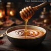 Golden honey dripping from a wooden dipper creating natural ripples