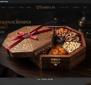 Grand octagonal wooden hamper with brass latch and Arabic floral pattern inlay, holding six varieties of dry fruits and dates with red wax seal ribbon