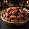 High angle shot of jumbo size Palestinian Medjool dates resting on an antique hammered brass bowl, glistening amber skin with caramel undertones, fine desert light, luxury gourmet market composition.