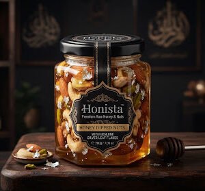 Honista luxury hexagonal jar of raw honey dipped nuts with genuine silver leaf flakes