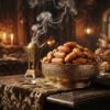 Large golden-brown Anbara Amber dates resting in an ornate golden Arabic bowl with incense smoke curls in background, royal feast table in warm glowing darkness.