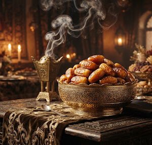 Large golden-brown Anbara Amber dates resting in an ornate golden Arabic bowl with incense smoke curls in background, royal feast table in warm glowing darkness.