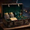 Lavish royal wedding gift hamper trunk featuring rich emerald velvet lining, embossed gold foil seals, ornate date jars, and satin ribbons in warm luxury ambient lighting.
