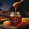 Lustrous amber Sidr mountain honey slowly dripping from an artisanal honey dipper into a luxurious glass jar, surrounded by raw honeycomb and warm desert lighting.