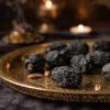Macro luxury photography of authentic Ajwa dates from Madinah showing natural delicate white micro-crevices on deep matte black skin, arranged on a royal golden tray with soft candlelight reflection, gourmet Arabian luxury catalog style.