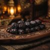 Macro luxury photography of authentic deep black Madinah Ajwa dates resting on a hand-carved dark walnut platter, bathed in moody warm golden lantern light with fine Arabic royal styling