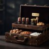 Opulent 2-tier leatherette antique brass latched trunk filled with glass vials of Kashmiri Saffron, Sidr honey jar, roasted cashews, walnuts and Jordan almonds