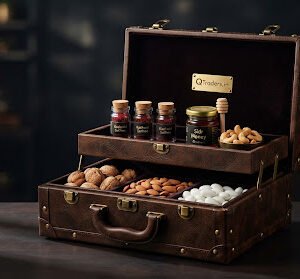 Opulent 2-tier leatherette antique brass latched trunk filled with glass vials of Kashmiri Saffron, Sidr honey jar, roasted cashews, walnuts and Jordan almonds