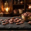 Premium organic Mamra almonds scattered on rich dark slate alongside small brass bowl in warm Arabian merchant atmosphere