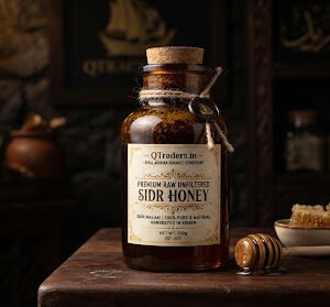 Raw unfiltered Sidr honey in an antique apothecary style glass bottle