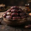 Rich dark burgundy-brown Safawi Kalmi dates piled gracefully in an embossed bronze bowl with soft natural studio side lighting, showcasing tender texture and deep natural glossiness, Arabian feast aesthetics.
