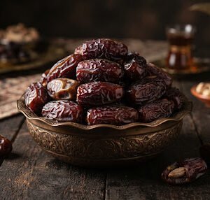 Rich dark burgundy-brown Safawi Kalmi dates piled gracefully in an embossed bronze bowl with soft natural studio side lighting, showcasing tender texture and deep natural glossiness, Arabian feast aesthetics.
