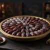 Selected elongated dark Kalmi dates arranged cleanly in a brass dish