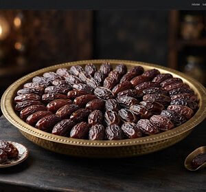 Selected elongated dark Kalmi dates arranged cleanly in a brass dish