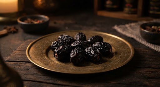 Seven Ajwa dates on antique brass saucer bathed in warm light