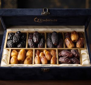 Seven varieties of holy Islamic dates arranged symmetrically in a velvet presentation box including Ajwa Al-Madinah, Kalmi, and Mabroom
