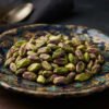 Shelled green Iranian Pistachio kernels piled on handcrafted antique plate, soft diffused luxury lighting