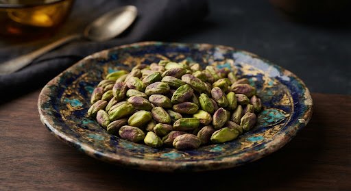 Shelled green Iranian Pistachio kernels piled on handcrafted antique plate, soft diffused luxury lighting