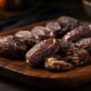 Slender elongated Mabroom dates from Madinah on dark polished teak wood with warm amber lighting, showing chewy fibrous texture and subtle translucency, high end commercial product shot.