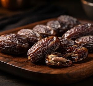 Slender elongated Mabroom dates from Madinah on dark polished teak wood with warm amber lighting, showing chewy fibrous texture and subtle translucency, high end commercial product shot.