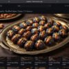 Stuffed gourmet Ajwa dates stuffed with whole Iranian Mamra almonds glazed with golden honey, on an authentic vintage brass tray